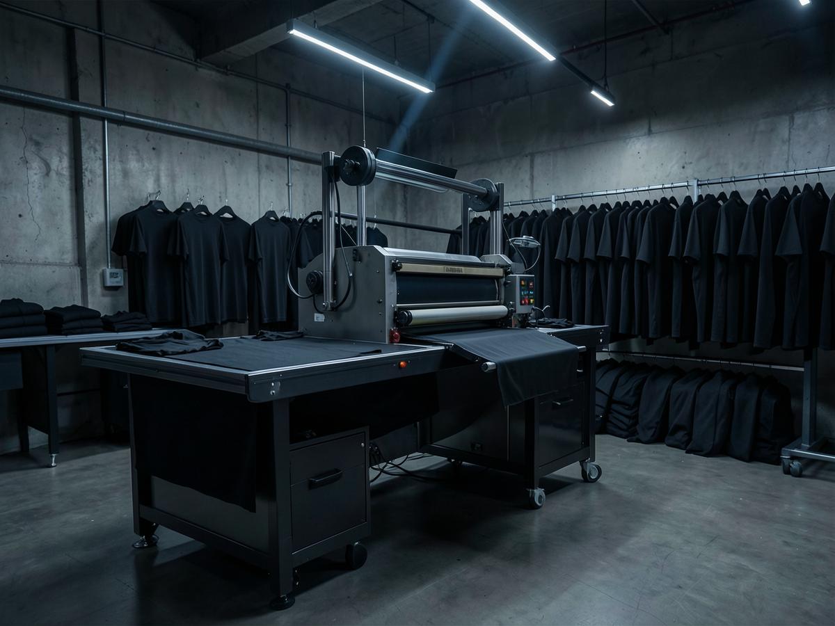 Dark apparel production studio with printing press